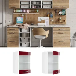 Vicco Armoire suspendue universelle Rouge bordeaux Haute brillance 40cm avec porte vitrée