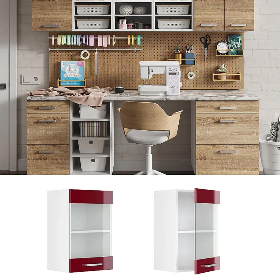 Vicco Armoire suspendue universelle Rouge bordeaux Haute brillance 40cm avec porte vitrée