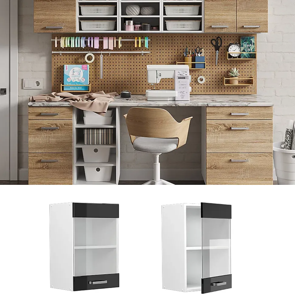 Vicco Armoire suspendue universelle Noir Haute brillance 40cm avec porte vitrée