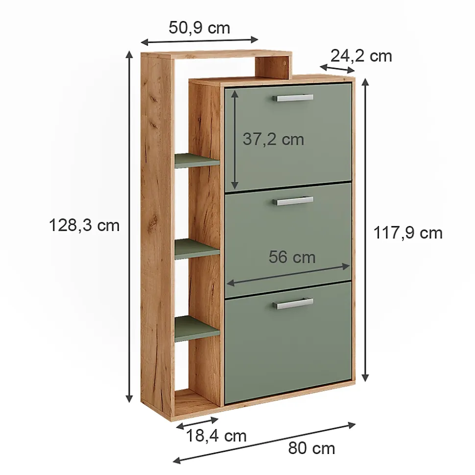 Vicco Benne à chaussures Force dor Chêne/Vert 80x128.3cm avec 3 compartiments