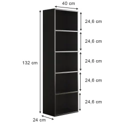 Vicco Bibliothèque Noir 40x132cm avec 5 compartiments