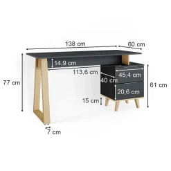 Vicco Bureau Anthracite 138x60cm avec tiroirs, L