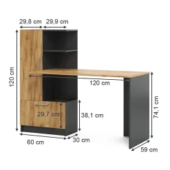 Vicco Bureau Anthracite/chêne doré 150x59cm