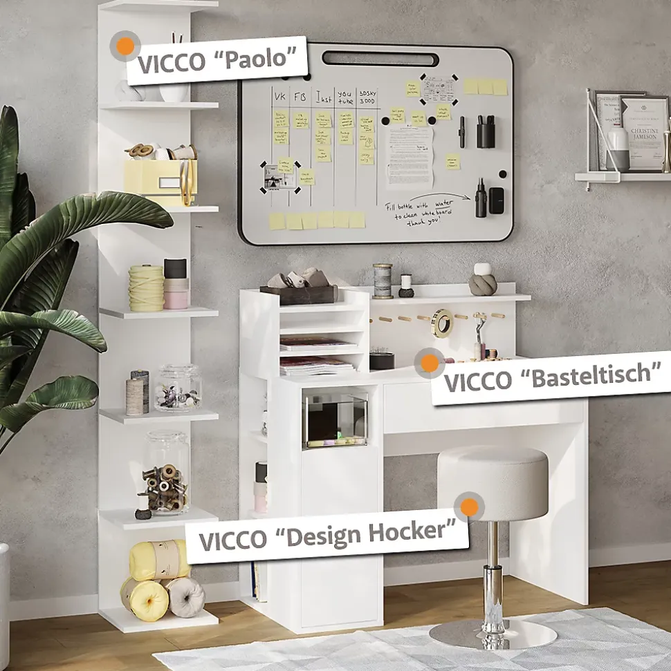 Vicco Bureau Blanc 3 pièces, avec bibliothèque et tabouret