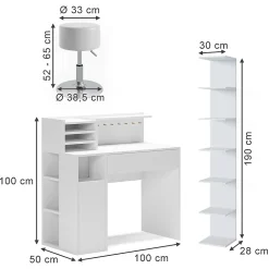 Vicco Bureau Blanc 3 pièces, avec bibliothèque et tabouret