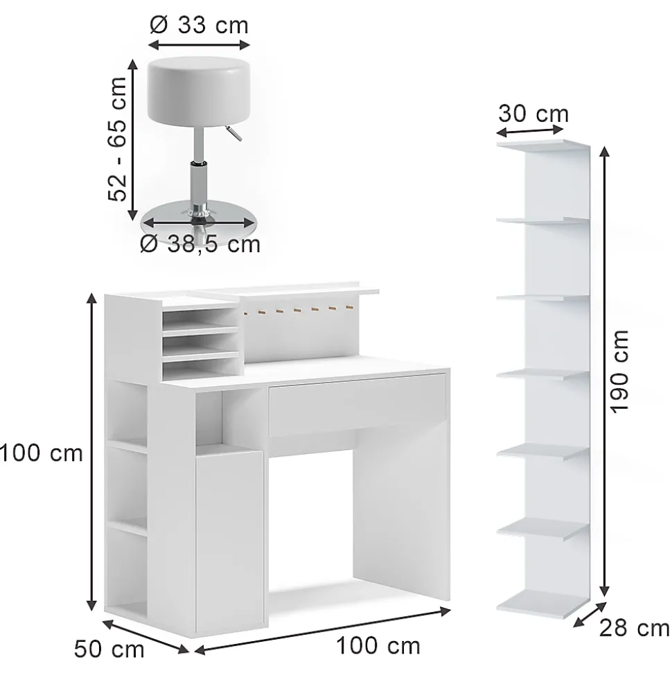 Vicco Bureau Blanc 3 pièces, avec bibliothèque et tabouret