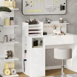 Vicco Bureau Blanc 3 pièces, avec bibliothèque et tabouret