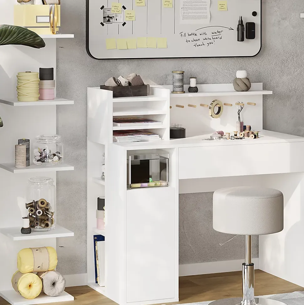 Vicco Bureau Blanc 3 pièces, avec bibliothèque et tabouret