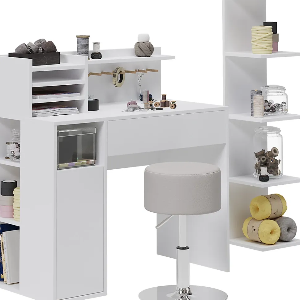 Vicco Bureau Blanc 3 pièces, avec bibliothèque et tabouret