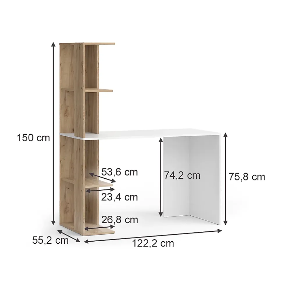 Vicco Bureau Blanc/Sonoma 122.2x55.2cm avec 4 compartiments