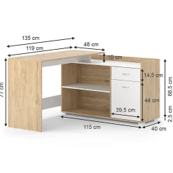 Vicco Bureau dangle Blanc/Sonoma 135x77cm avec tiroir