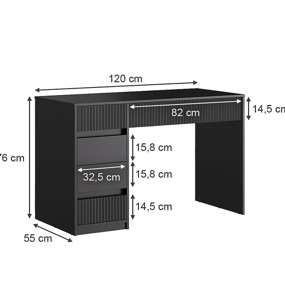 Vicco Bureau Noir 120x55cm avec 5 tiroirs