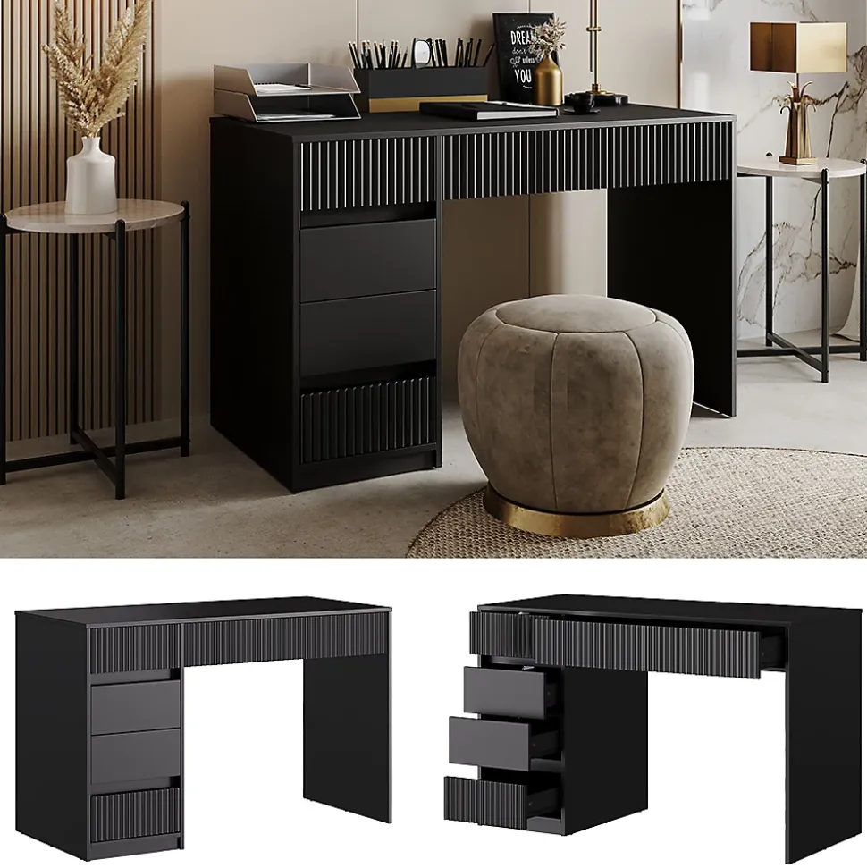 Vicco Bureau Noir 120x55cm avec 5 tiroirs