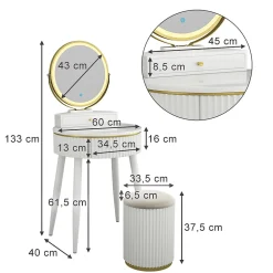 Vicco Coiffeuse Blanc 60cm avec miroir LED en 3 tons de blanc, variateur de lumière