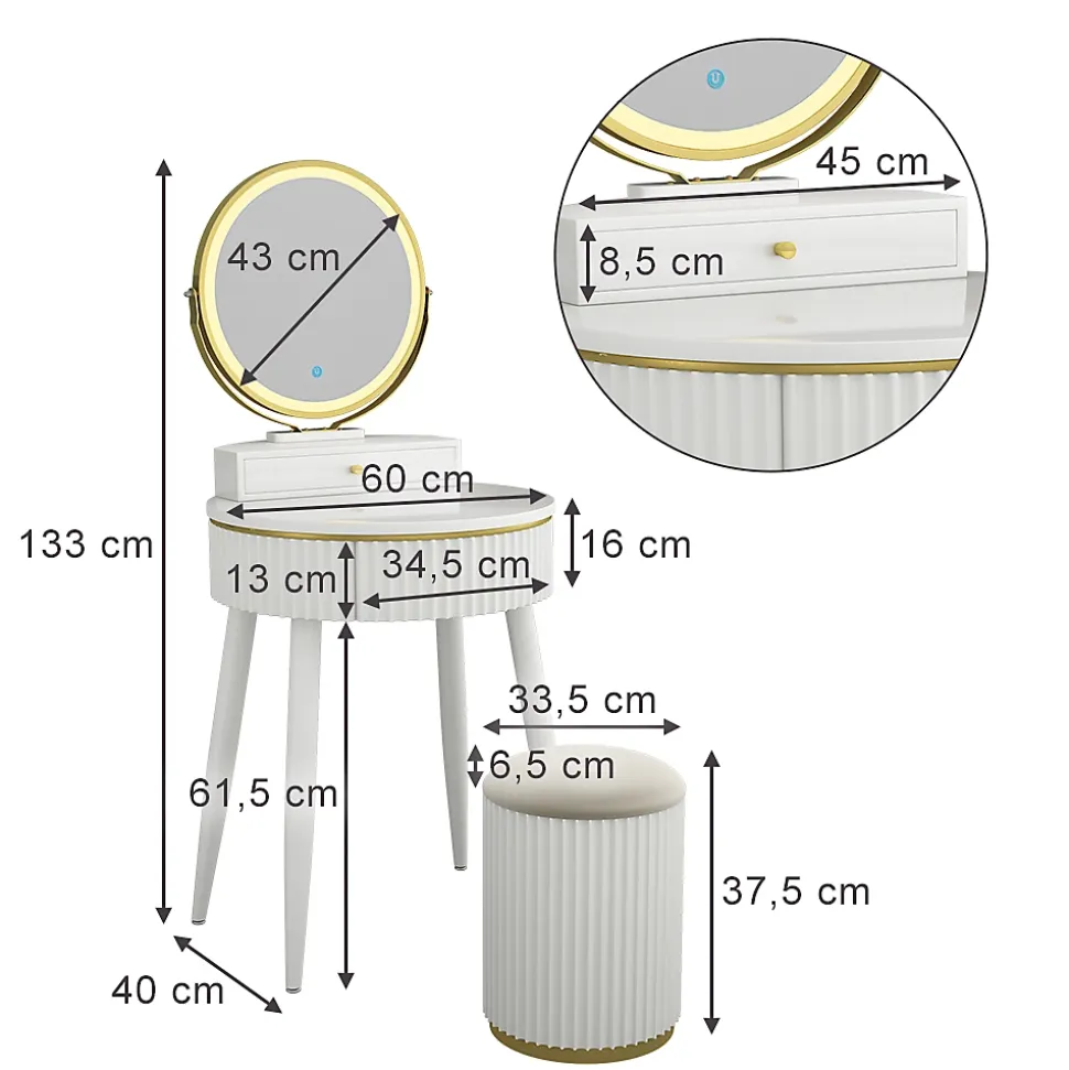 Vicco Coiffeuse Blanc 60cm avec miroir LED en 3 tons de blanc, variateur de lumière