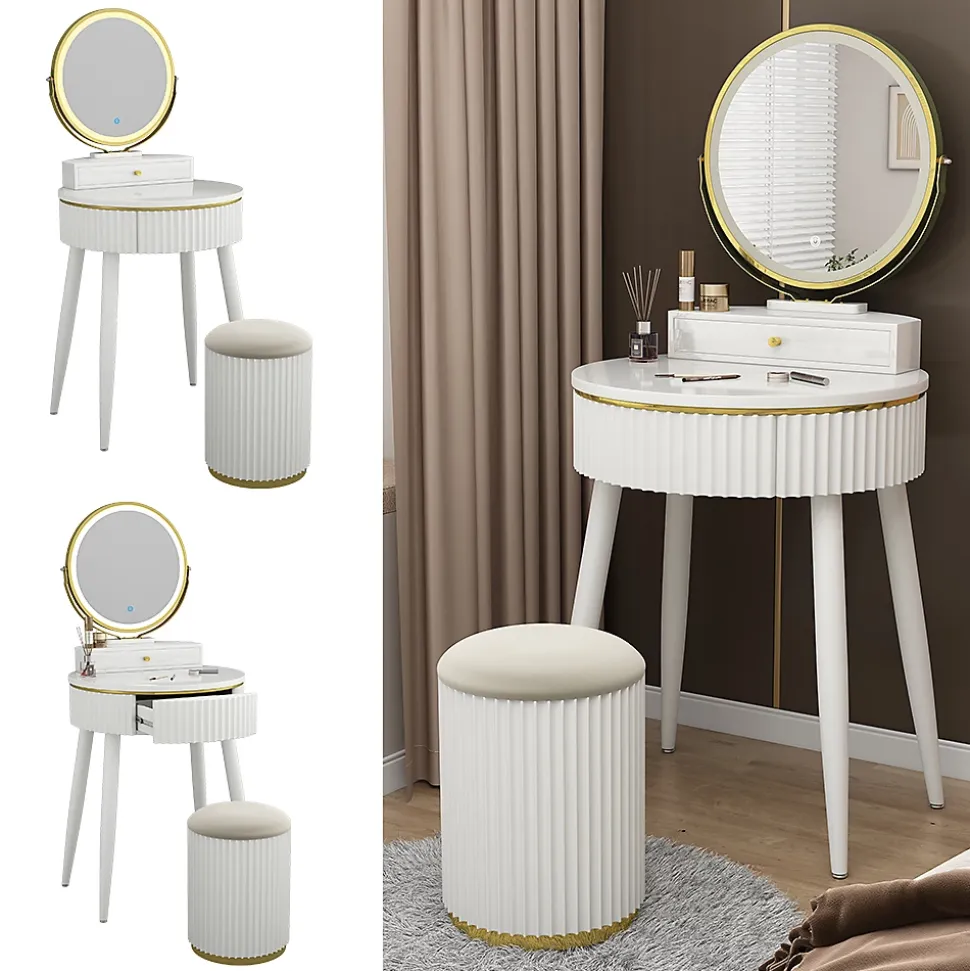 Vicco Coiffeuse Blanc 60cm avec miroir LED en 3 tons de blanc, variateur de lumière