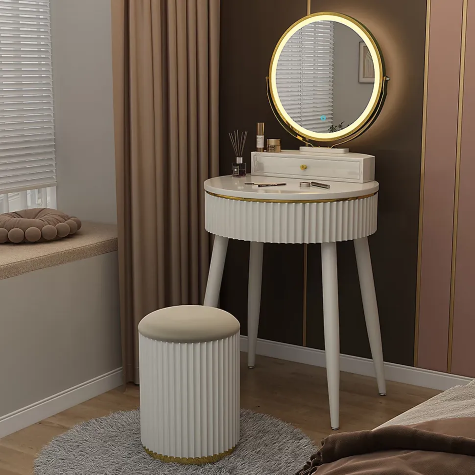 Vicco Coiffeuse Blanc 60cm avec miroir LED en 3 tons de blanc, variateur de lumière