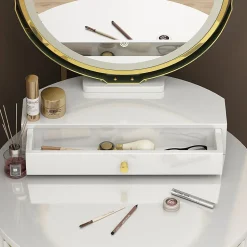 Vicco Coiffeuse Blanc 60cm avec miroir LED en 3 tons de blanc, variateur de lumière