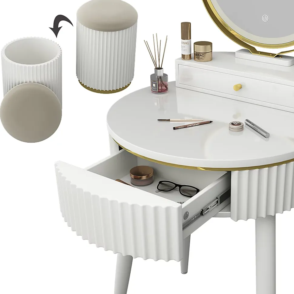 Vicco Coiffeuse Blanc 60cm avec miroir LED en 3 tons de blanc, variateur de lumière