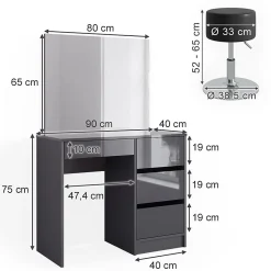 Vicco Coiffeuse Anthracite 40cm avec tabouret
