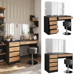 Vicco Coiffeuse Anthracite/chêne doré 120x75cm avec éclairage LED et tabouret