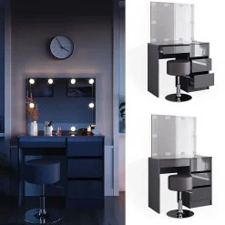 Vicco Coiffeuse Anthracite 40cm avec éclairage LED et tabouret