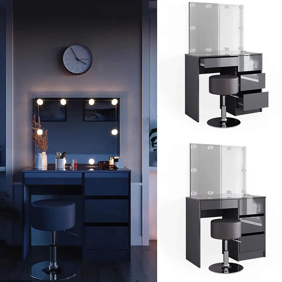 Vicco Coiffeuse Anthracite 40cm avec éclairage LED et tabouret