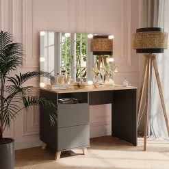 Vicco Coiffeuse Anthracite/Artisan 110cm avec guirlande lumineuse LED