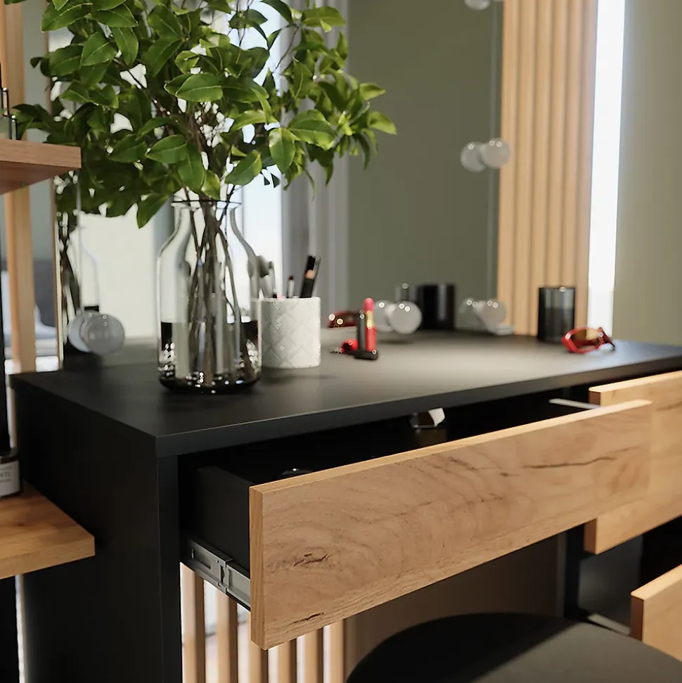Vicco Coiffeuse Anthracite/chêne doré 90x75cm avec miroir, éclairage LED & tabouret