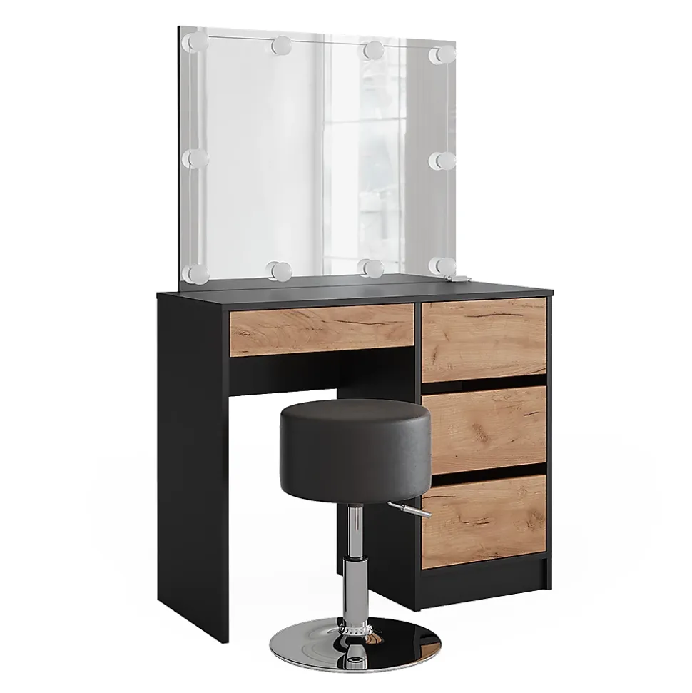 Vicco Coiffeuse Anthracite/chêne doré 90x75cm avec miroir, éclairage LED & tabouret