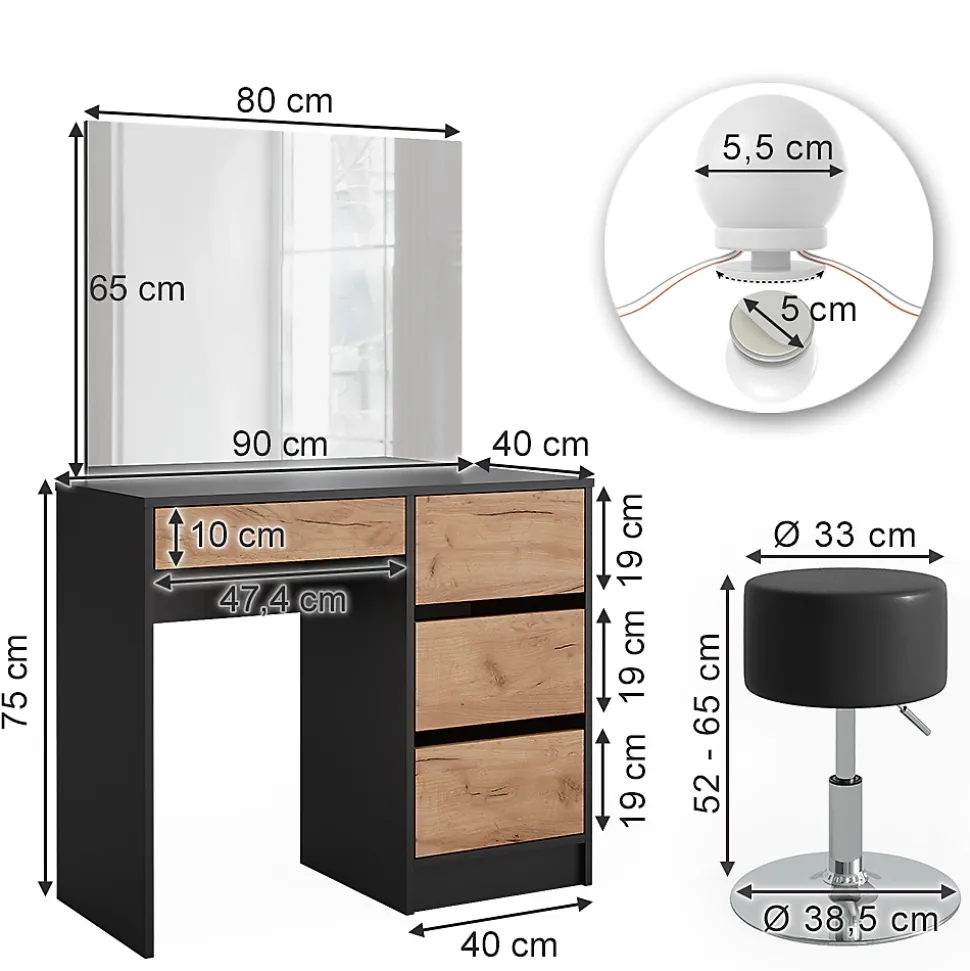 Vicco Coiffeuse Anthracite/chêne doré 90x75cm avec miroir, éclairage LED & tabouret