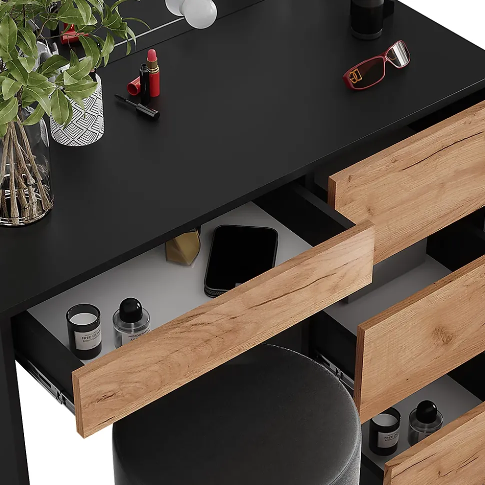 Vicco Coiffeuse Anthracite/chêne doré 90x75cm avec miroir, éclairage LED & tabouret