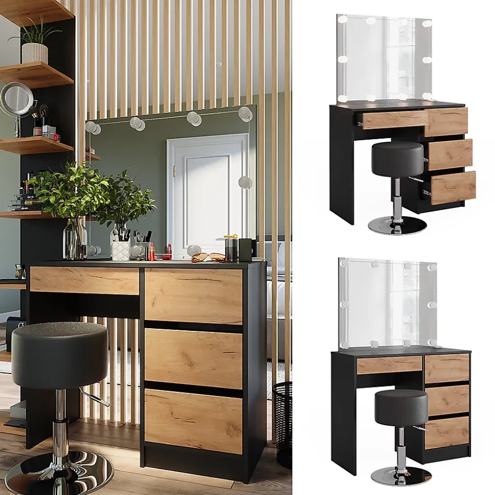 Vicco Coiffeuse Anthracite/chêne doré 90x75cm avec miroir, éclairage LED & tabouret