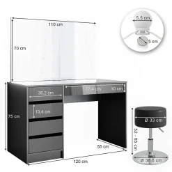 Vicco Coiffeuse Anthracite 55cm avec éclairage LED et tabouret