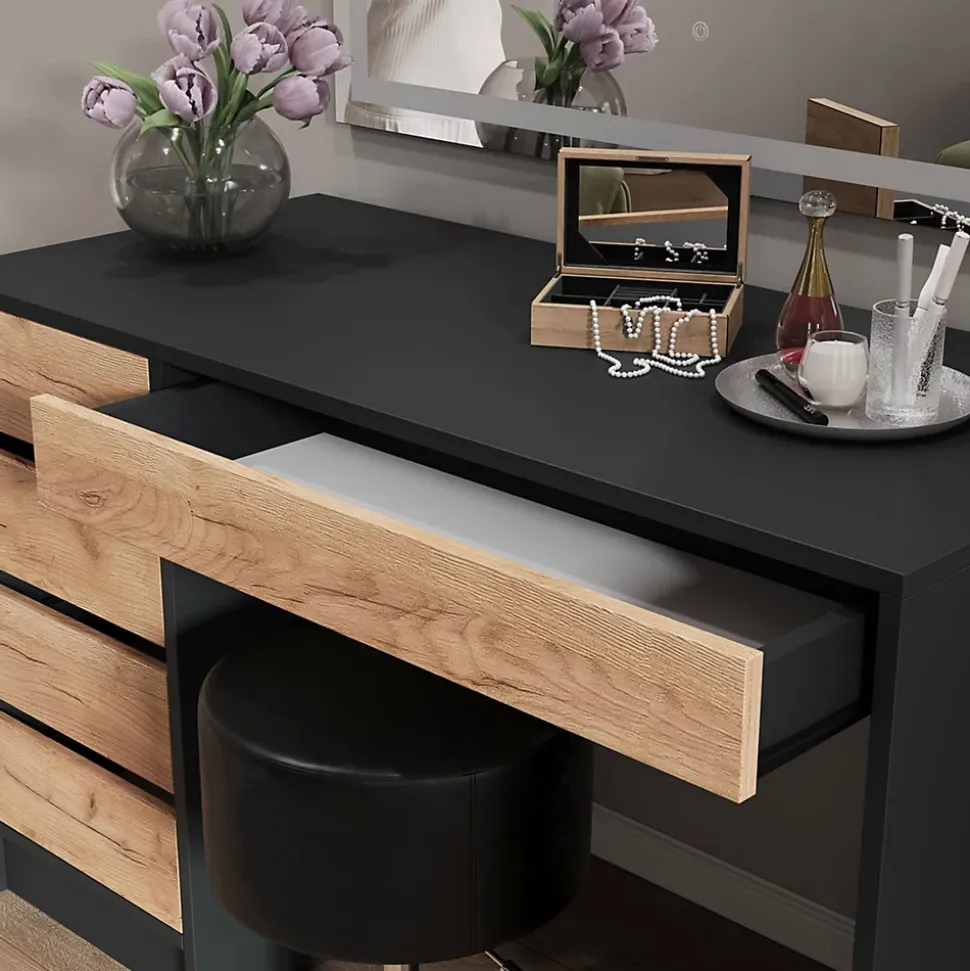 Vicco Coiffeuse Anthracite/chêne doré 120x75cm avec miroir LED et tabouret