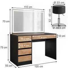 Vicco Coiffeuse Anthracite/chêne doré 120x75cm avec miroir LED et tabouret