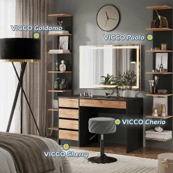 Vicco Coiffeuse Anthracite/chêne doré 120x75cm avec miroir LED
