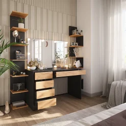 Vicco Coiffeuse Anthracite/chêne doré 120x75cm avec miroir & éclairage LED