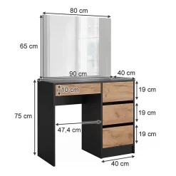 Vicco Coiffeuse Anthracite/chêne doré 90cm avec miroir