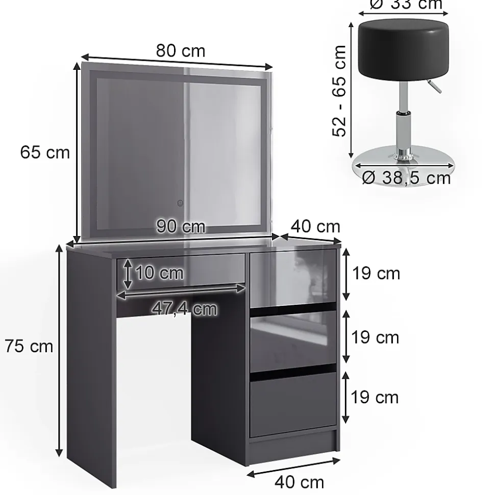 Vicco Coiffeuse Anthracite 40cm avec miroir LED et tabouret