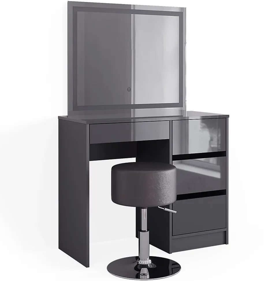 Vicco Coiffeuse Anthracite 40cm avec miroir LED et tabouret