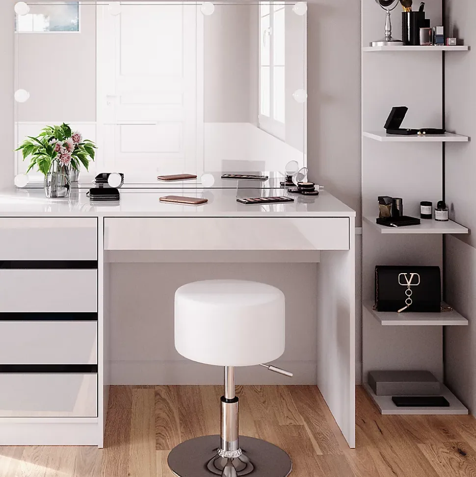 Vicco Coiffeuse Blanc 4 pièces, avec étagère de rangement, miroir, tabouret, LED