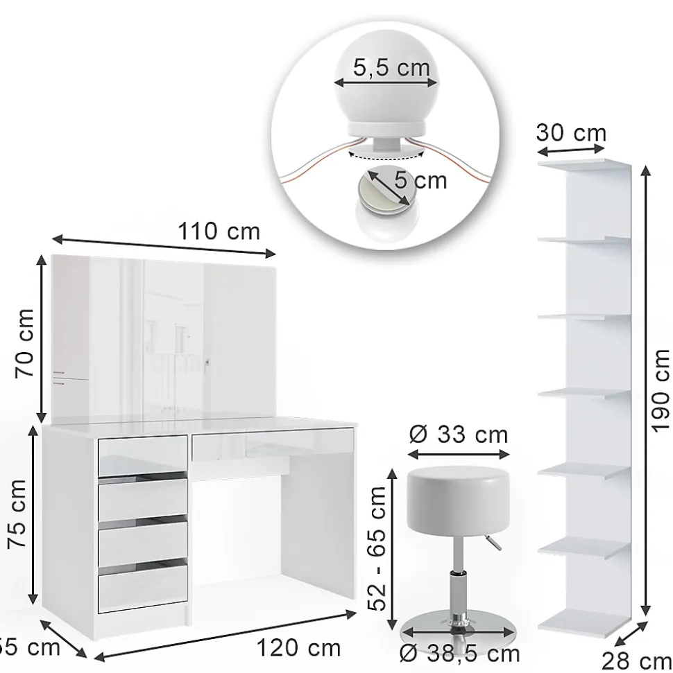 Vicco Coiffeuse Blanc 4 pièces, avec étagère de rangement, miroir, tabouret, LED