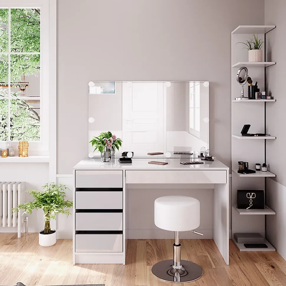 Vicco Coiffeuse Blanc 4 pièces, avec étagère de rangement, miroir, tabouret, LED