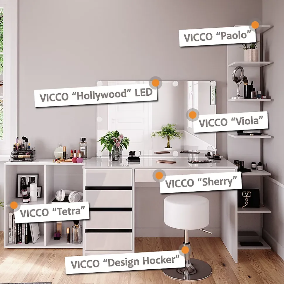 Vicco Coiffeuse Blanc 4 pièces, avec étagère de rangement, miroir, tabouret, LED