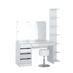 Vicco Coiffeuse Blanc 4 pièces, avec étagère de rangement, miroir, tabouret, LED