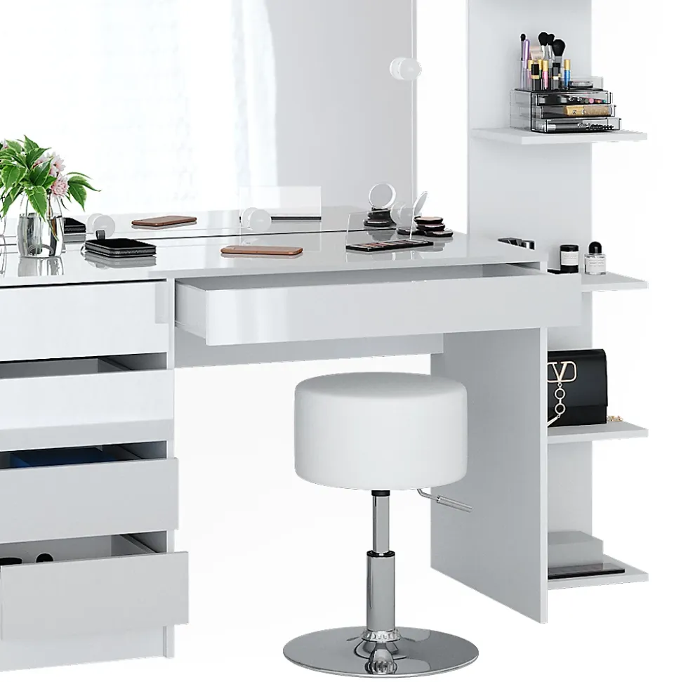 Vicco Coiffeuse Blanc 4 pièces, avec étagère de rangement, miroir, tabouret, LED