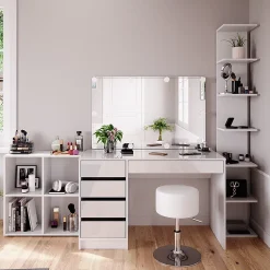 Vicco Coiffeuse Blanc 5 pièces, avec étagère de rangement, étagère sur pied, miroir, tabouret, LED