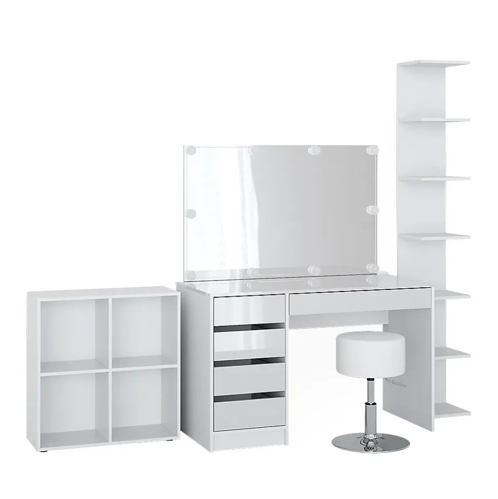 Vicco Coiffeuse Blanc 5 pièces, avec étagère de rangement, étagère sur pied, miroir, tabouret, LED