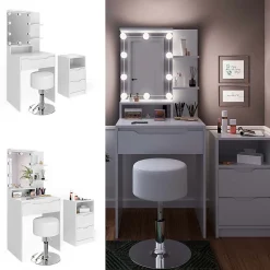 Vicco Coiffeuse Blanc avec armoire à tiroirs, éclairage LED et tabouret